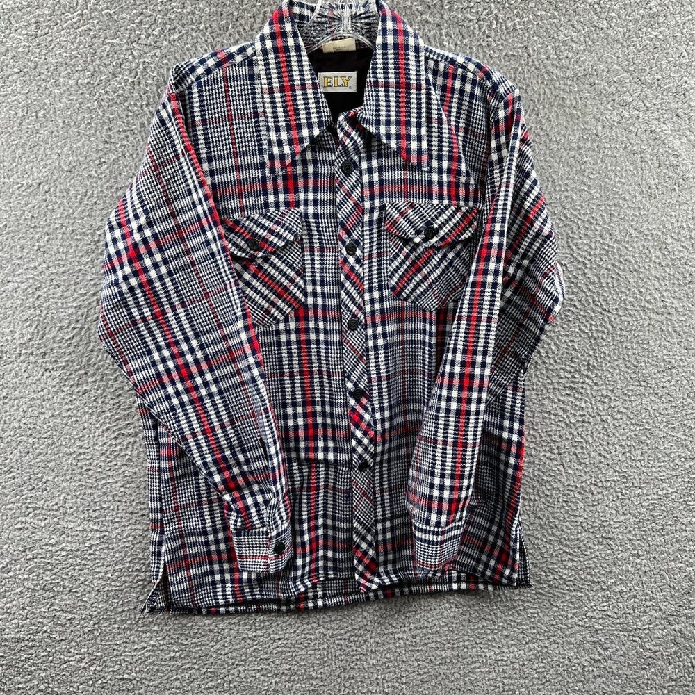Ely Mens Western Shirt Medium Blue Plaid Chore Shacket Cowboy Ranch USA VTG 70s‎